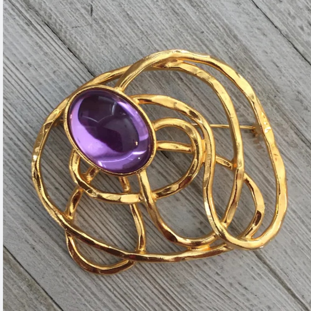 Modernist Big Purple Glass Stone in A
Golden Maze Pin Brooch